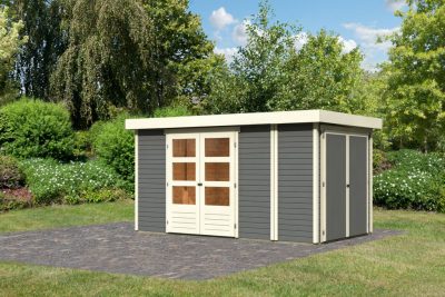 Karibu Retola 5. Lapostetős nagyméretű kerti ház beépített oldalsó tárolóval, terra szürke színű fából 377 cm x 217 cm