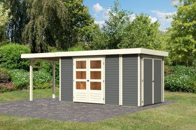 Karibu Retola 5. Lapostetős nagyméretű kerti ház beépített oldalsó tárolóval, bővítménnyel/terasszal, terra szürke színű fából 597 cm x 217 cm