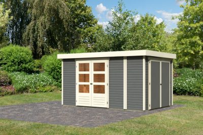 Karibu Retola 6. Lapostetős nagyméretű kerti ház beépített oldalsó tárolóval, terra szürke színű fából 377 cm x 246 cm