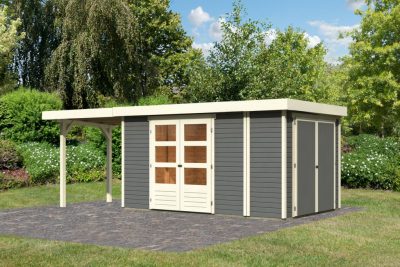 Karibu Retola 6. Lapostetős nagyméretű kerti ház beépített oldalsó tárolóval, bővítménnyel/terasszal,terra szürke színű fából 597 cm x 246 cm