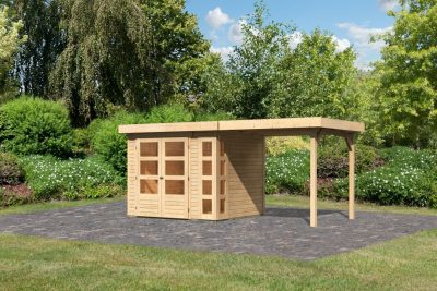 Karibu Kerko 3. Lapostetős kerti ház, sarokablakkal, bővítménnyel/terasszal, natúr fából 462 cm x 217 cm