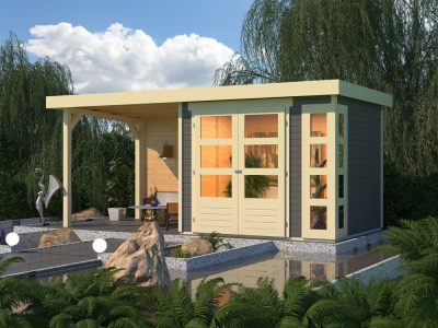 Karibu Kerko 3. Lapostetős kerti ház, sarokablakkal, hátfallal rendelkező bővítménnyel/terasszal, terra szürke színű fából 462 cm x 217 cm