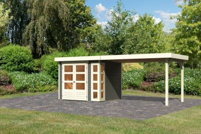 Karibu Kerko 3. Lapostetős kerti ház, sarokablakkal, bővítménnyel/terasszal, terra szürke színű fából 497 cm x 217 cm