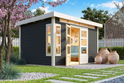 Karibu Kastorf 7. Kerti ház sarokablakkal, terra szürke fából 364 cm x 244 cm