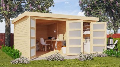 Karibu Mühlentrup 3. Nagyméretű, 2 részre osztott kerti ház lapostetővel, natúr fából 404 cm x 332,5 cm