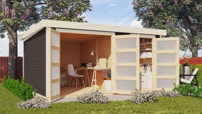 Karibu Mühlentrup 3. Nagyméretű, 2 részre osztott kerti ház lapostetővel, terra szürke színű fából 404 cm x 332,5 cm