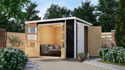 Karibu multifunkcionális kerti ház, beépített oldalsó tárolóval,terra szürke színű fából 300 cm x 186 cm