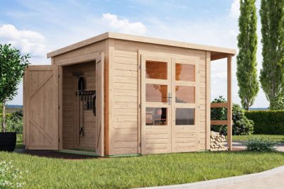 Karibu multifunkcionális kerti ház/tároló, 28mm-es tetővel, natúr fából 297 cm x 203 cm