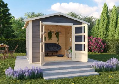 Karibu Talkau 6. Modern nyeregtetős kerti ház, terra szürke színű fából 274 cm x 274 cm