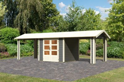 Karibu Theres 3. Nyeregtetős kerti ház, két oldali tetőhosszabbító bővítménnyel/terasszal, terra szürke színű fából 720 cm x 244 cm