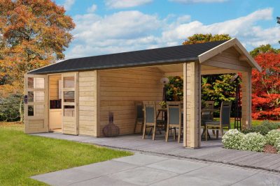 Karibu Theres 7. Nyeregtetős kerti ház, egy oldali tetőhosszabító bővítménnyel/terasszal natúr fából 647 cm x 304 cm