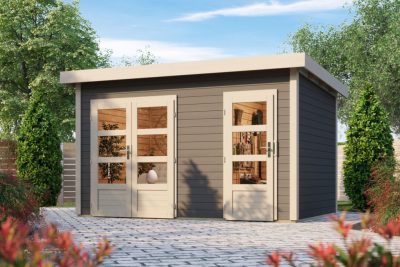 Karibu Tintrup Lapostetős, két helyiségre osztott kerti ház, terra szürke színű fából 364 cm x 244 cm