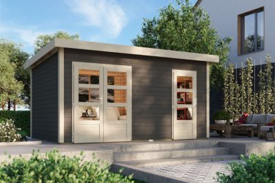 Karibu Mattrup Lapostetős, két helyiségre osztott kerti ház,terra szürke színű fából 424 cm x 274 cm