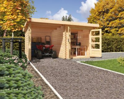 Karibu Bastrup 2. Kerti ház, oldal- és hátfallal rendelkező 2 m széles bővítménnyel/terasszal, natúr fából 419 cm x 237 cm