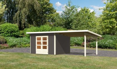 Karibu Northeim 3. Kerti ház bővítménnyel/terasszal, terra szürke színű fából 604 cm x 309 cm