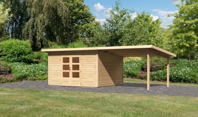 Karibu Northeim 4. Kerti ház, bővítménnyel/terasszal, natúr fából 664 cm x 309 cm