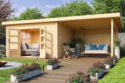 Karibu Northeim 4. Kerti ház, hátfallal rendelkező bővítménnyel/terasszal, natúr fából 664 cm x 309 cm