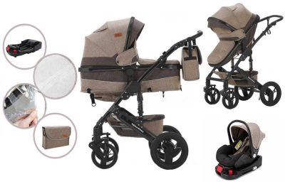 Mama Kiddies Evening Star Black Edition 4az1-ben multifunkciós babakocsi kiegészítőkkel bézs-barna színben ISOFIX talppal + Ajándék