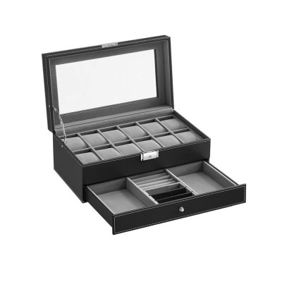 SONGMICS 2 szintes óratartó doboz, 12 férőhely, ékszerfiókkal, zárható, fekete