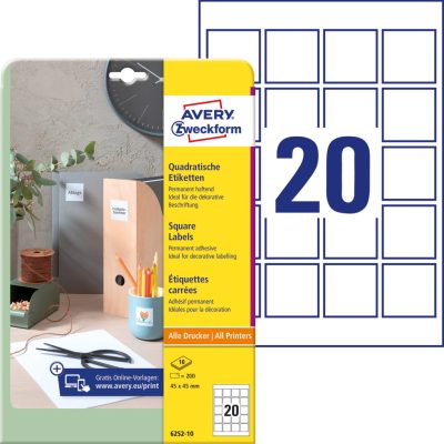 Avery Zweckform No. 6252-10 fehér színű 45 x 45 mm méretű, négyzet alakú, univerzálisan nyomtatható, öntapadós termék címke, permanens ragasztóval A4-es íven - kiszerelés: 200 címke / 10 ív