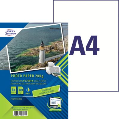 Avery Zweckform No. E2004 tintasugaras nyomtatóval nyomtatható A4-es méretű fehér színű 200 g-os gazdaságos kiszerelésű egyoldalas fényes felületű fotópapír - kiszerelés: 100 lap / doboz (Avery E2004)
