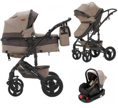 Mama Kiddies® Evening Star Black Edition 4 az 1-ben multifunkciós babakocsi kiegészítőkkel bézs-barna színben ISOFIX talppal + Ajándék