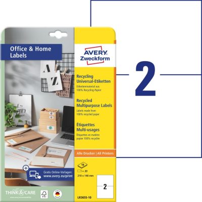 Avery Zweckform No. LR3655-10 natúr fehér színű 210 x 148 mm méretű, univerzálisan nyomtatható öntapadós etikett címke újrahasznosított papíralapanyagból A4-es íven - kiszerelés: 20 címke / 10 ív