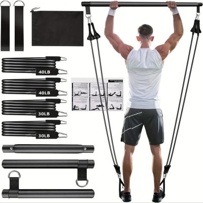 8db Készlet - Pilates Bar Készlet 4 Ellenállási Szalaggal (63.5 KG) 8 részes fekete【63.5 kg】