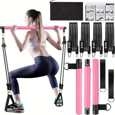 8db Készlet - Pilates Bar Készlet 4 Ellenállási Szalaggal (63.5 KG) 8 részes rózsaszín【63.5 kg】