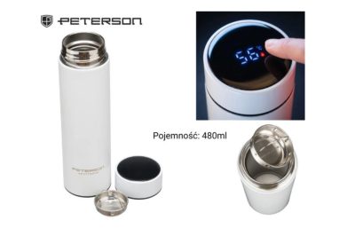 Peterson termosz LED kijelzővel – 480 ml fehér rozsdamentes acél termosz hőmérővel