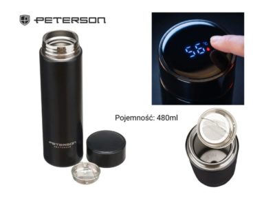 Peterson termosz LED kijelzővel – 480 ml fekete rozsdamentes acél termosz hőmérővel