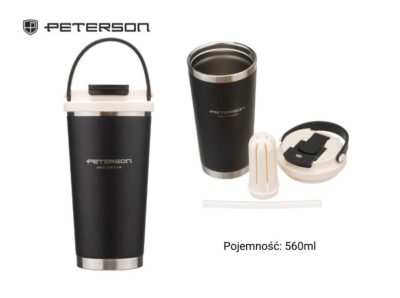 Peterson termosz bögre fekete 560 ml – rozsdamentes acél utazóbögre szívószállal és fogantyúval