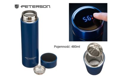Peterson termosz LED kijelzővel – 480 ml kék rozsdamentes acél termosz hőmérővel