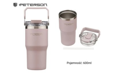 Peterson termosz bögre lila 600 ml – rozsdamentes acél utazóbögre szívószállal és fogantyúval
