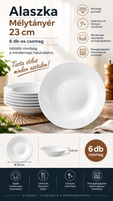 Alaszka porcelán mélytányér 23 cm – fehér, 6 db