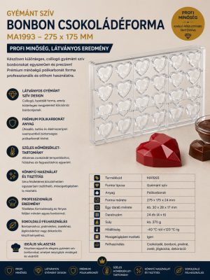 Martellato Diamond Heart gyémánt szív bonbonforma – 24 db, polikarbonát