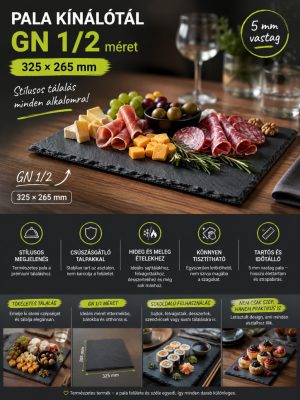 Slate Line pala kínálótál GN 1/2 – 325×265 mm, 5 mm vastag, természetes pala