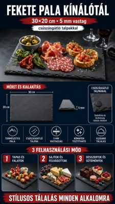 Fekete pala kínálótál 30×20 cm – 5 mm vastag, csúszásgátló talpakkal
