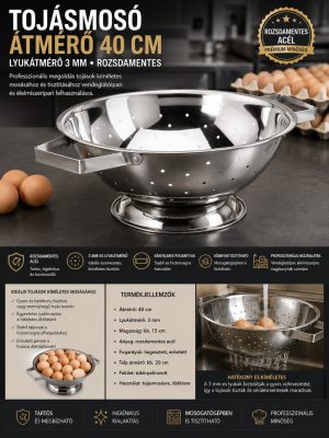 Rozsdamentes tésztaszűrő és tojásmosó 40 cm – 3 mm perforációval