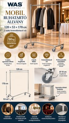  Mobil ruhatartó állvány 120×53×170 cm – Z-alakú krómnikkelacél váz, kerekes