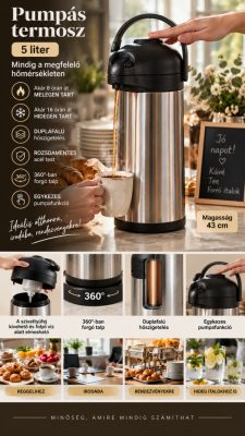 Pumpás termosz 5 liter, 43 cm – rozsdamentes, 360°-ban forgó talppal