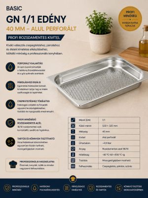 GN 72 ECO GN 1/1 alul perforált rozsdamentes edény 40 mm