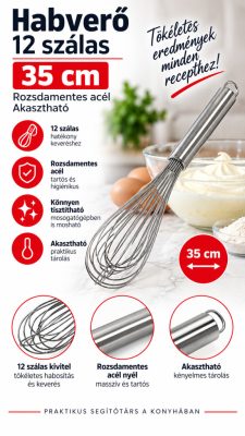 Rozsdamentes habverő – 12 szálas, 35 cm, akasztófüllel