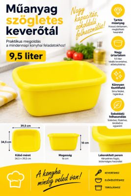 Sárga műanyag szögletes keverőtál 9,5 liter, 34,5x39,5x16 cm
