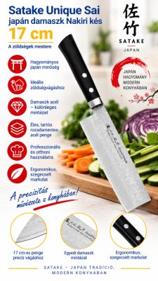 Satake Unique Sai VG-10 damaszk Nakiri japán zöldségkés – 17 cm