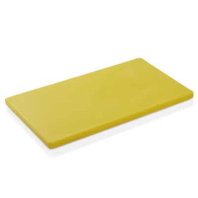 Sárga műanyag vágódeszka GN 1/1 méret, 53x32,5x2 cm, HACCP főtt húsokhoz, 6 gumitalppal