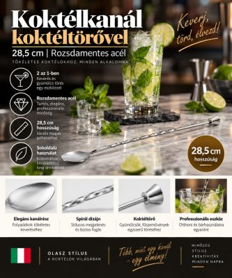 Rozsdamentes koktélkanál koktéltörővel 28,5 cm – bárkanál és muddler