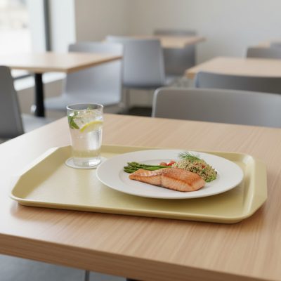 Bézs csúszásgátlós tálca polipropilénből – gyorséttermi és food court vendéglátó tálca