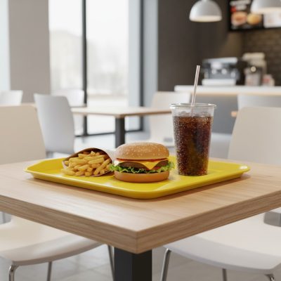 Sárga csúszásgátlós tálca polipropilénből – gyorséttermi és food court vendéglátó tálca