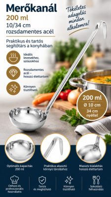Rozsdamentes merőkanál – 200 ml, Ø10 × 34 cm